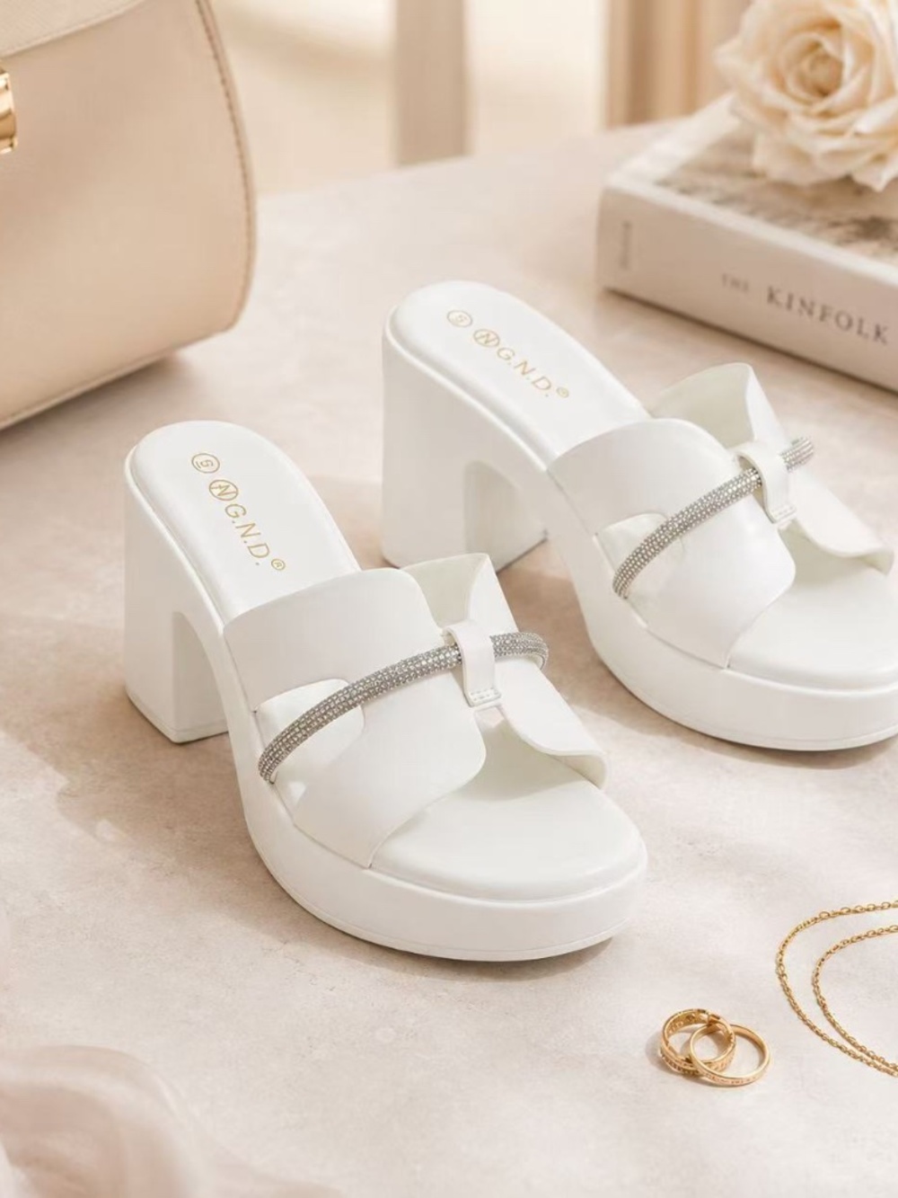 GND White Rhinestone-Trim Slip-On Block Heel Mule